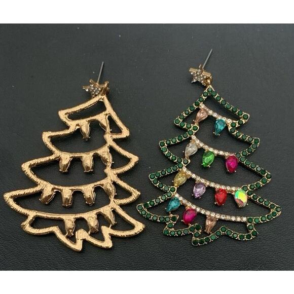 Colorful Rhinestone Large Gold Tone Christmas Tree Dangle Earrings - Picture 4 of 4